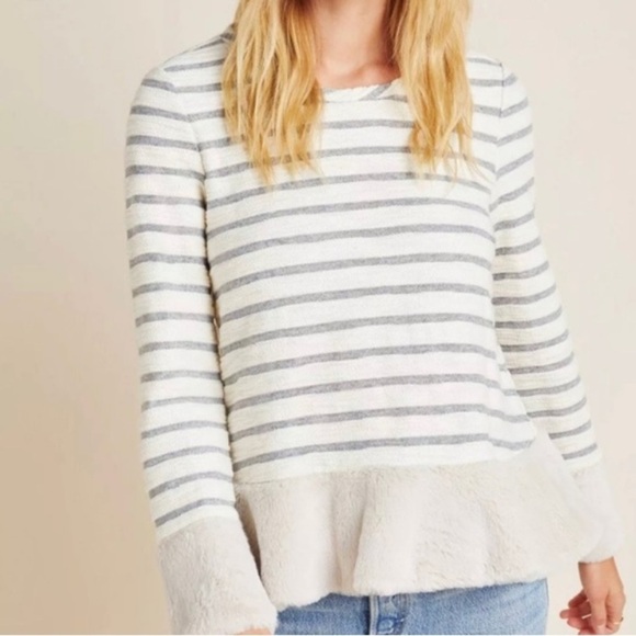 Anthro Maeve🔥SALE🔥strip top faux fur trim Medium - Picture 3 of 9